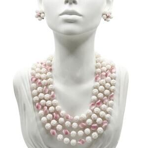 Vintage West Germany White Pink Plastic Bead Necklace & ClipOn Earring Set
